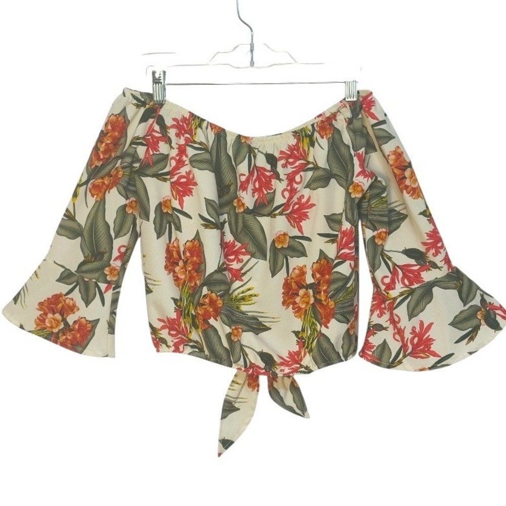 Cuidado con el Perro Crop Top Orange Green Floral Off Shoulder Bell Sleeve M - Picture 2 of 4